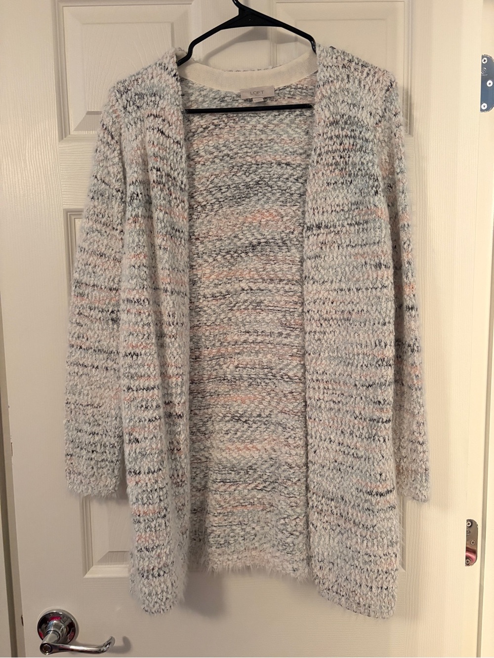 LOFT Open-Front Knit Cardigan - Light Gray with Pink and Cream Flecks